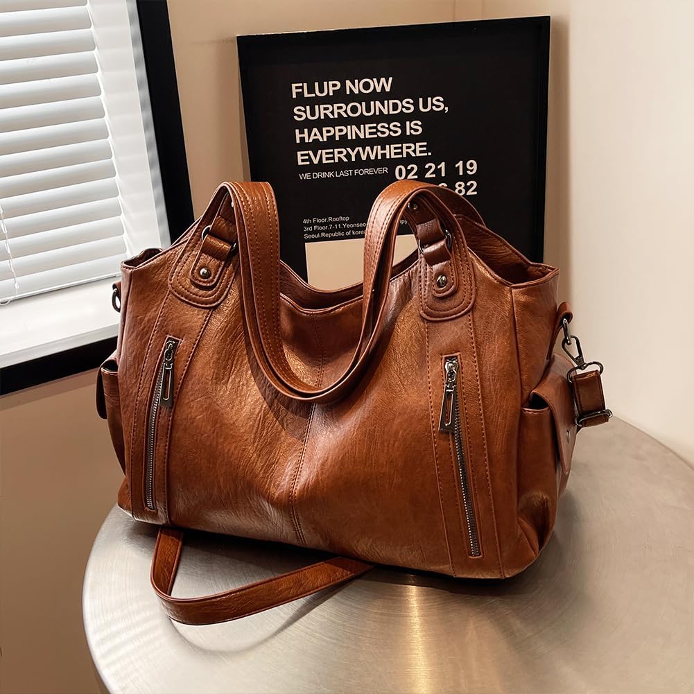 hibear Tote Bag for Women,PU Leather Shoulder Handbag Large Work Totes Multi-Pocket Concealed Carry Hobo Crossbody Bag