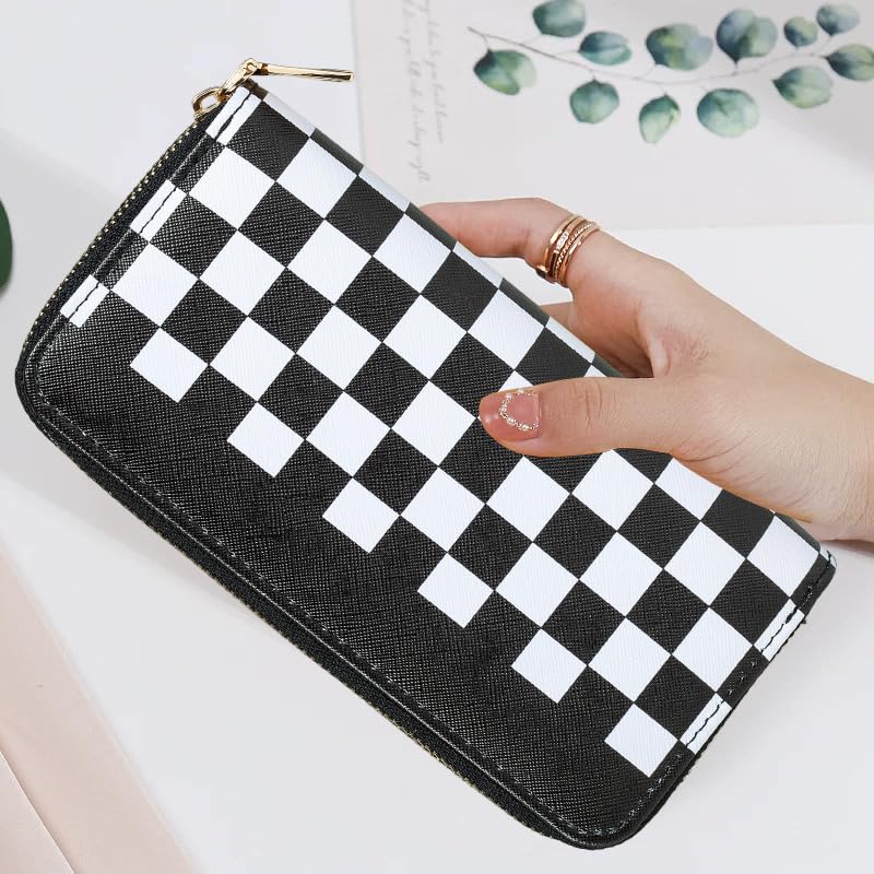 Women's Checkered Wallet, Large Capacity Highland Purse, 2 Zippers Card Cases and Money Organizers for Ladies (Grid Black)4