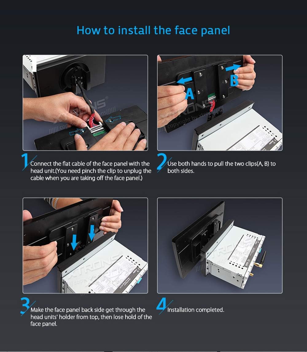 Step-by-step visual guide on how to install the rotatable face panel onto the XTRONS TM100L head unit.