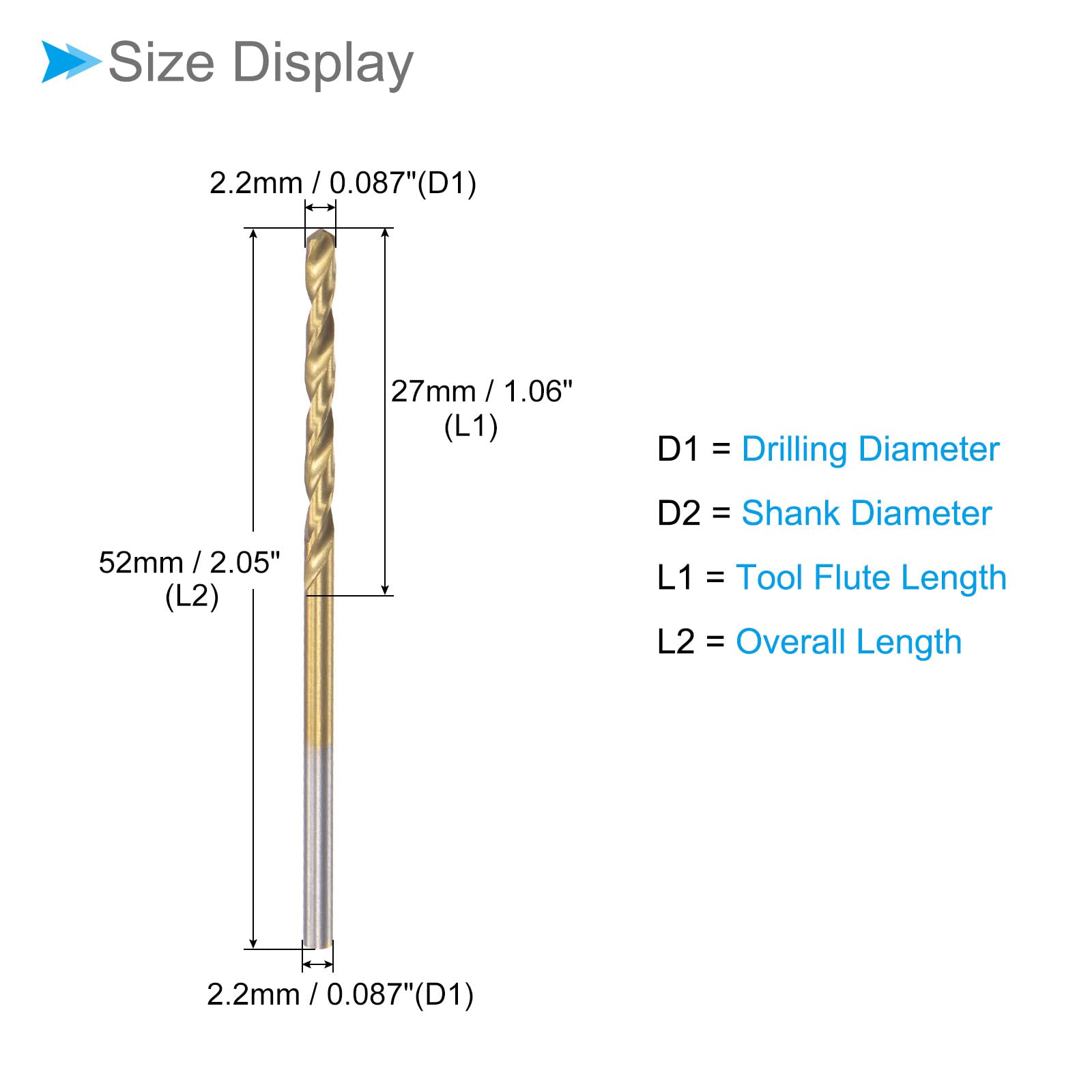 CoCud Twist Drill Bits, 2.2mm Drilling Diameter, Titanium Coated High Speed Steel 6542 Straight Round Shank - Image 2