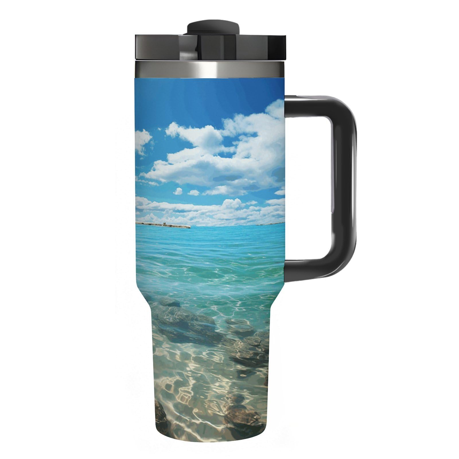 Scenic - Vaso de café de viaje de acero inoxidable, taza de café con tapa y popote, taza con asa, gran capacidad, doble pared al vacío a prueba de fugas, taza térmica de café helado, 40 onzas