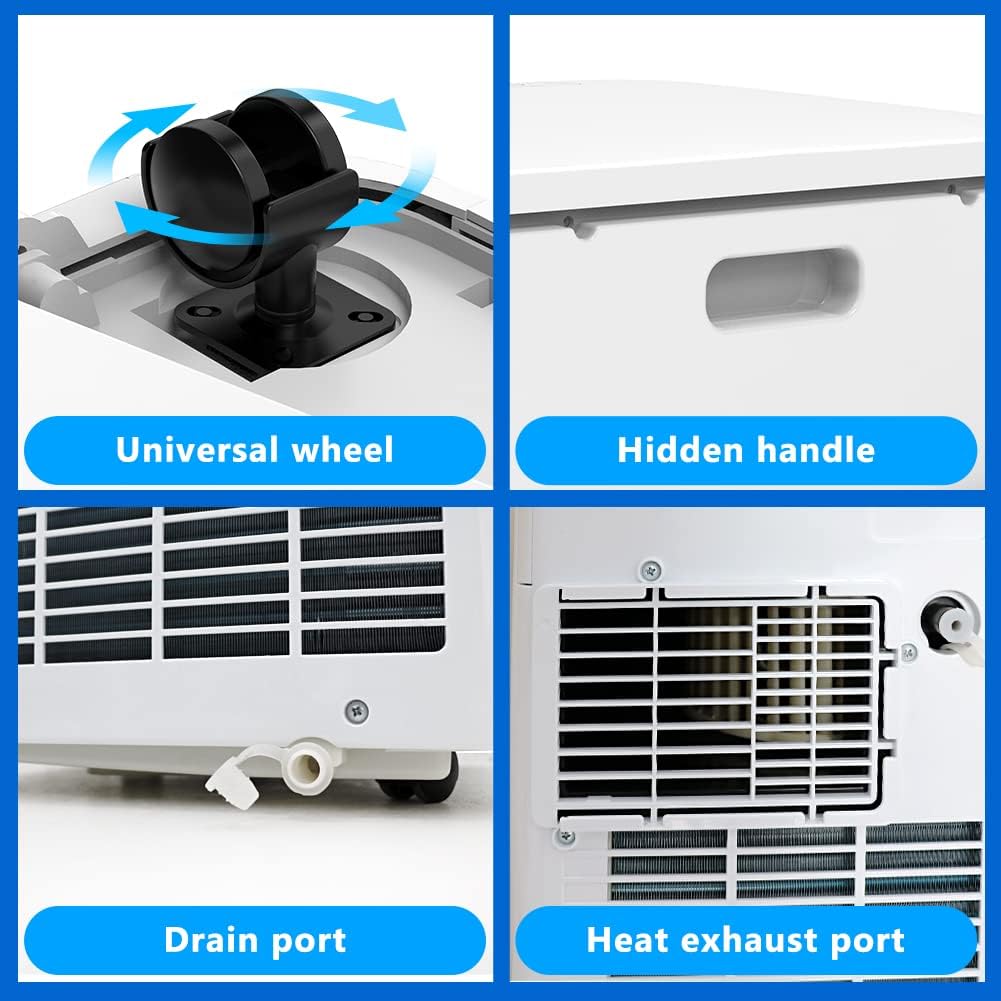 Close-up images of the portable AC unit's universal wheels, hidden handle, drain port, and heat exhaust port