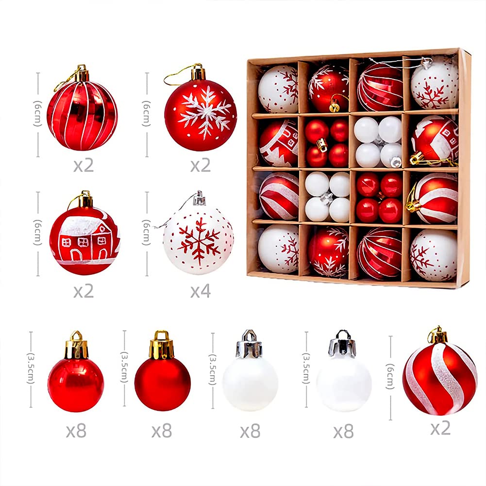 Christmas Tree Baubles Decoration Red & White 44ct 6cm Xmas Tree Baubles Decoration Ball Ornaments Hanging Baubles Shatterproof Glitter Decoration Pendant for Holiday Home Party Decor - Image 3