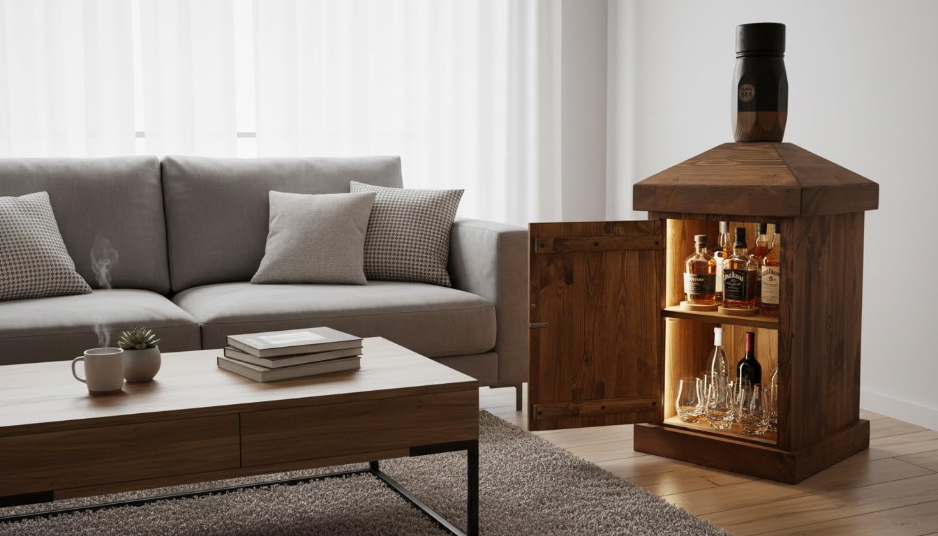weeco Barschrank aus massivem Kiefernholz, Whiskyflaschen-Design, Braun, Rustikal, mit LED-Beleuchtung, Hausbar, 110 × 50 × 50 cm