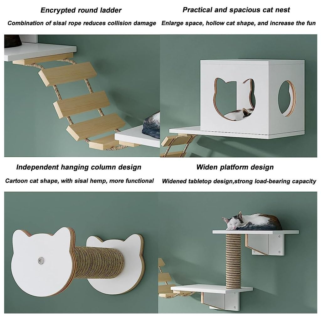 Set 5 Mensole Da Parete Per Gatti Con Tiragraffi E Casetta - Scaletta In Sisal, Posatoi E Mobili Salvaspazio - Foto 12