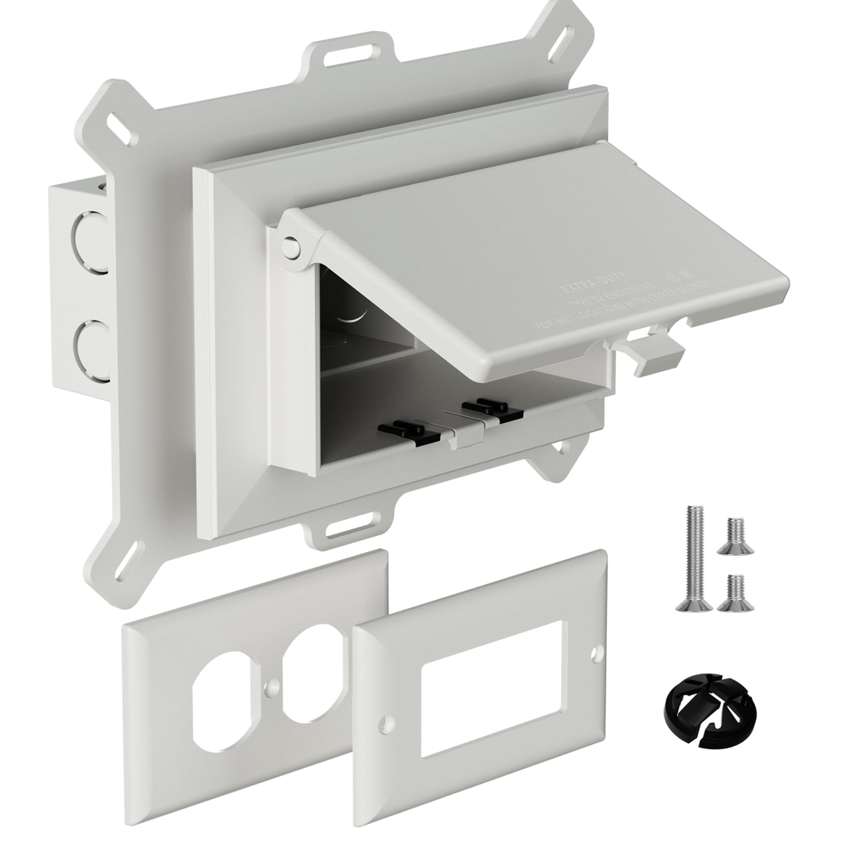 Recessed Outlet Box, DBHS1W-1 Low Profile Electrical Outlet Boxes, Wall Plate Kit for New Vinyl Siding, Enclosed Weatherproof Pack with Duplex & Decorator Style Covers, 1-Gang, Horizontal, White