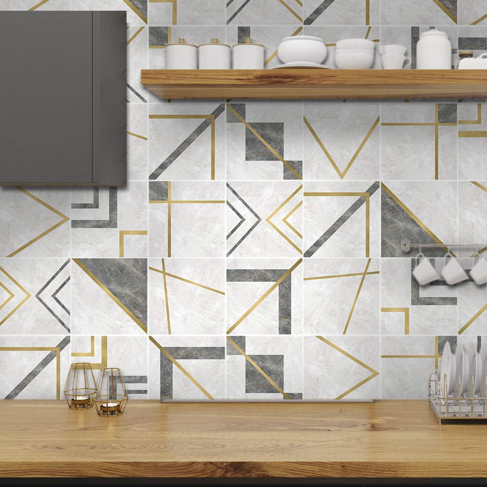 Alwayspon 30Pcs Peel&Stick Wall Tile Transfers Sticker for Home Decor, 15x15cm Self-Adhesive Splashback Tile Decals for Living Room Kitchen Bathroom Decor, Golden Grey White Marble