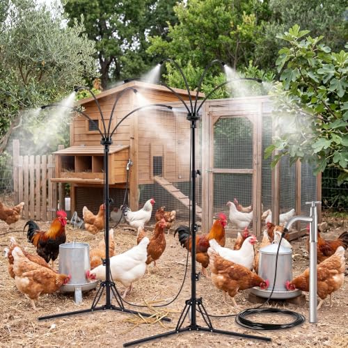 Pickmesh 2 Set Chicken Coop Mister Cooling System 5.3ft Adjustable Standing Poultry Mister with 26ft Hose 360 Outdoor Misting System for Chickens Helps Keep Flocks Cooler During Hot Weather