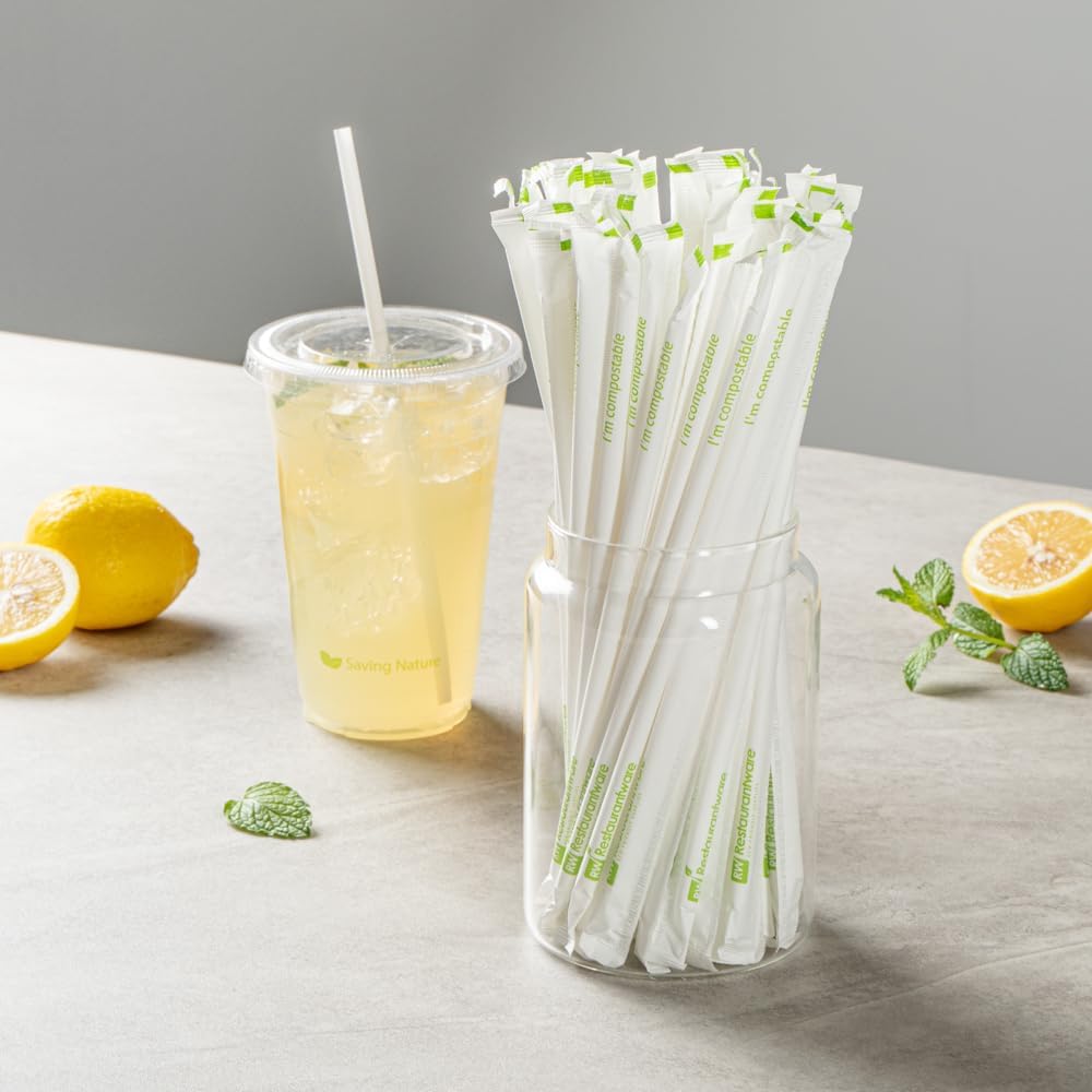 Restaurantware Drinking Straws 2000 Pack of 8.25 Inches Wrapped PLA Disposable Straws White Durable Sustainable For Hot and Cold Drinks