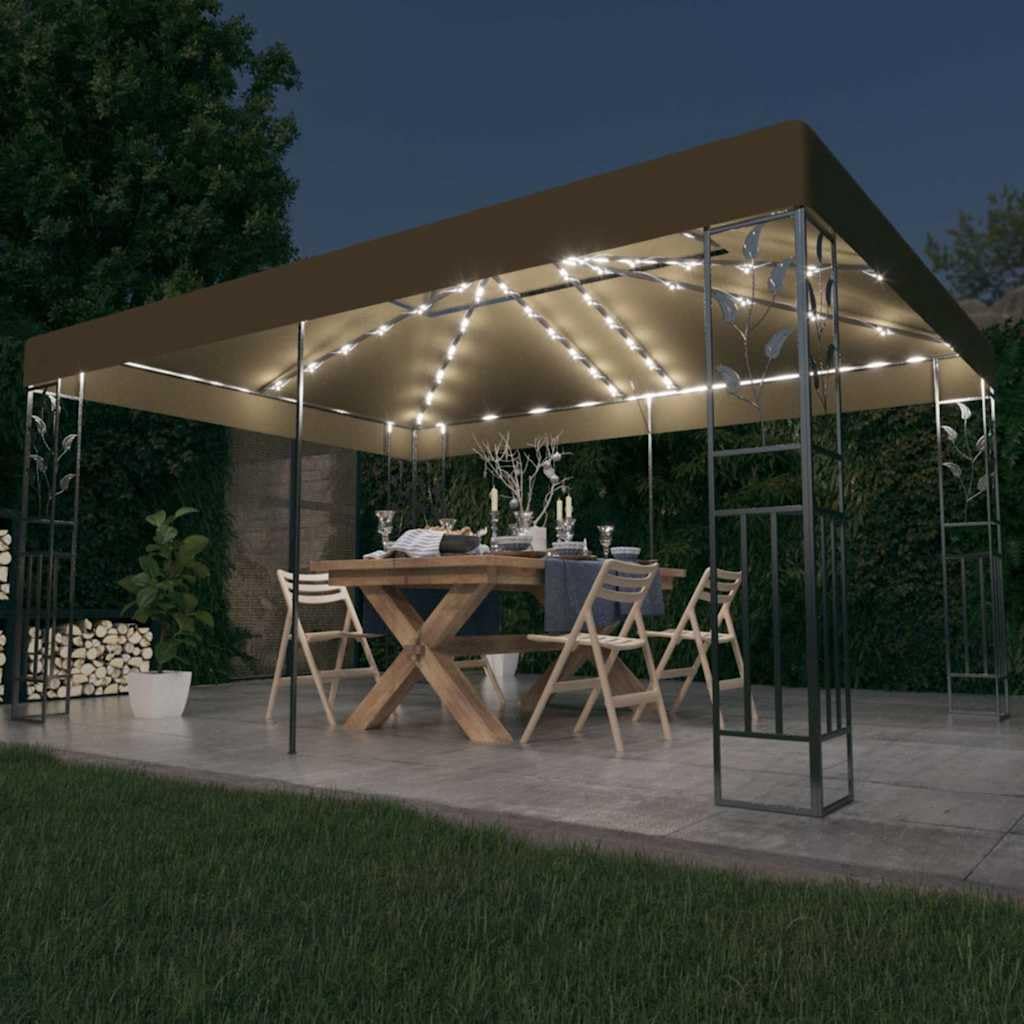 Pawilon z podwójnym dachem i łańcuchem świetlnym LED, 3 x 4 m, kolor taupe, pawilon ogrodowy ze stali malowanej proszkowo, wodoodporny dach poliestrowy, zasilany energią słoneczną łańcuch świetlny
