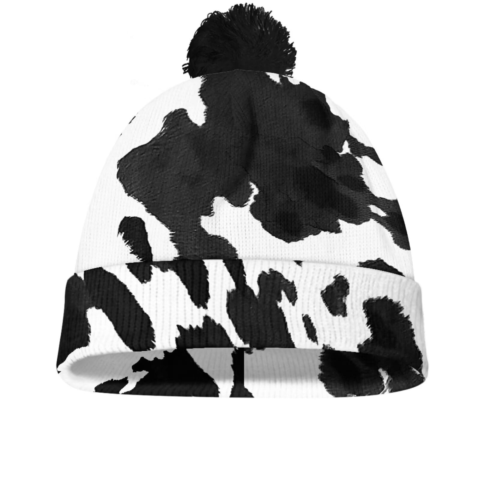 YEXIATODO Cow Print Toddler Winter Hat Kids Beanie with Pom Pom Warm Fleece Lined Hats for Boys Girls Comfortable Soft Warm Youth Toddler Knit Hat Comfortable and Stylish-Black