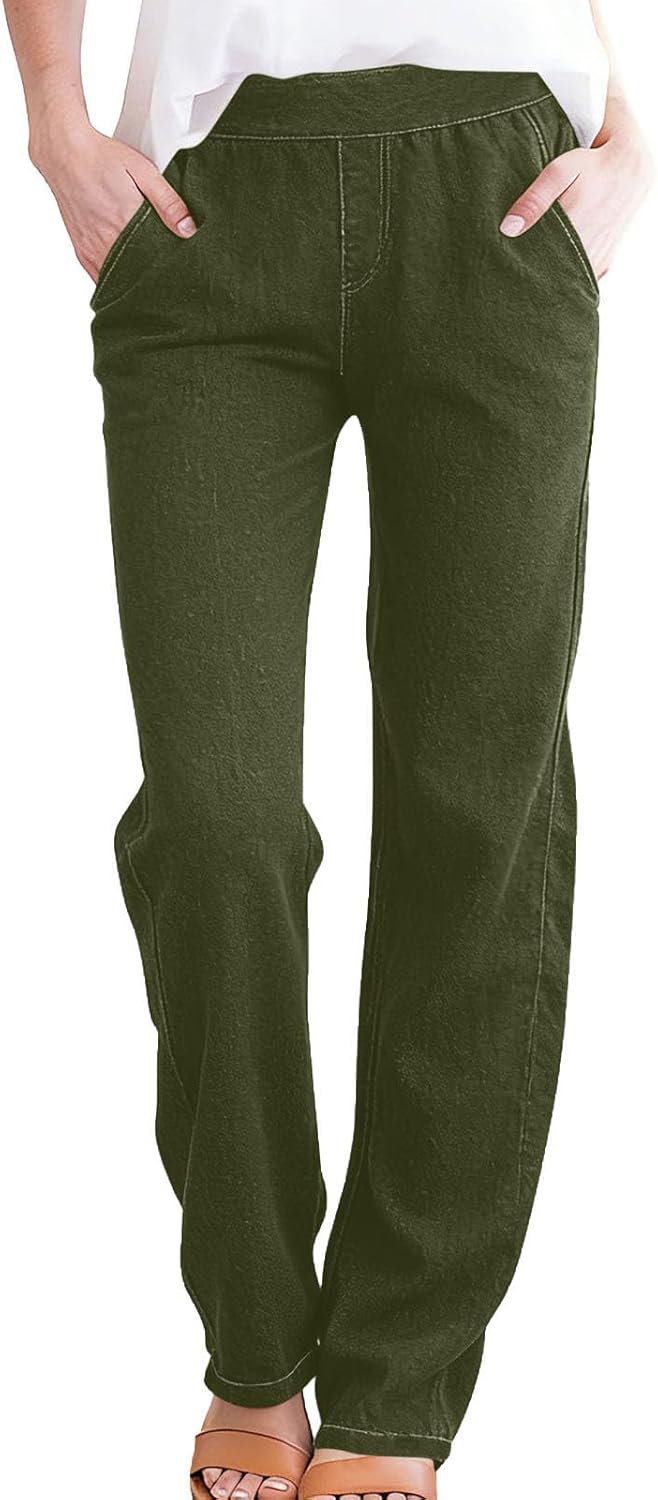Jeans for Women Pull on Denim Pants High Waisted Straight Leg Stretch Casual Elastic Waist Trousers with Pockets