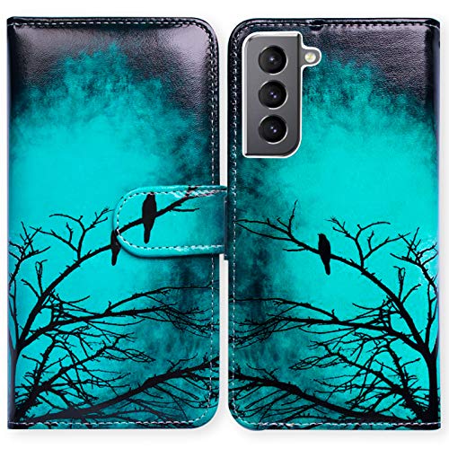 Bcov Galaxy S21 Plus 5G Case, Black Bird Green Leather Flip Phone Case Wallet Cover with Card Slot Holder Kickstand for Samsung Galaxy S21 Plus