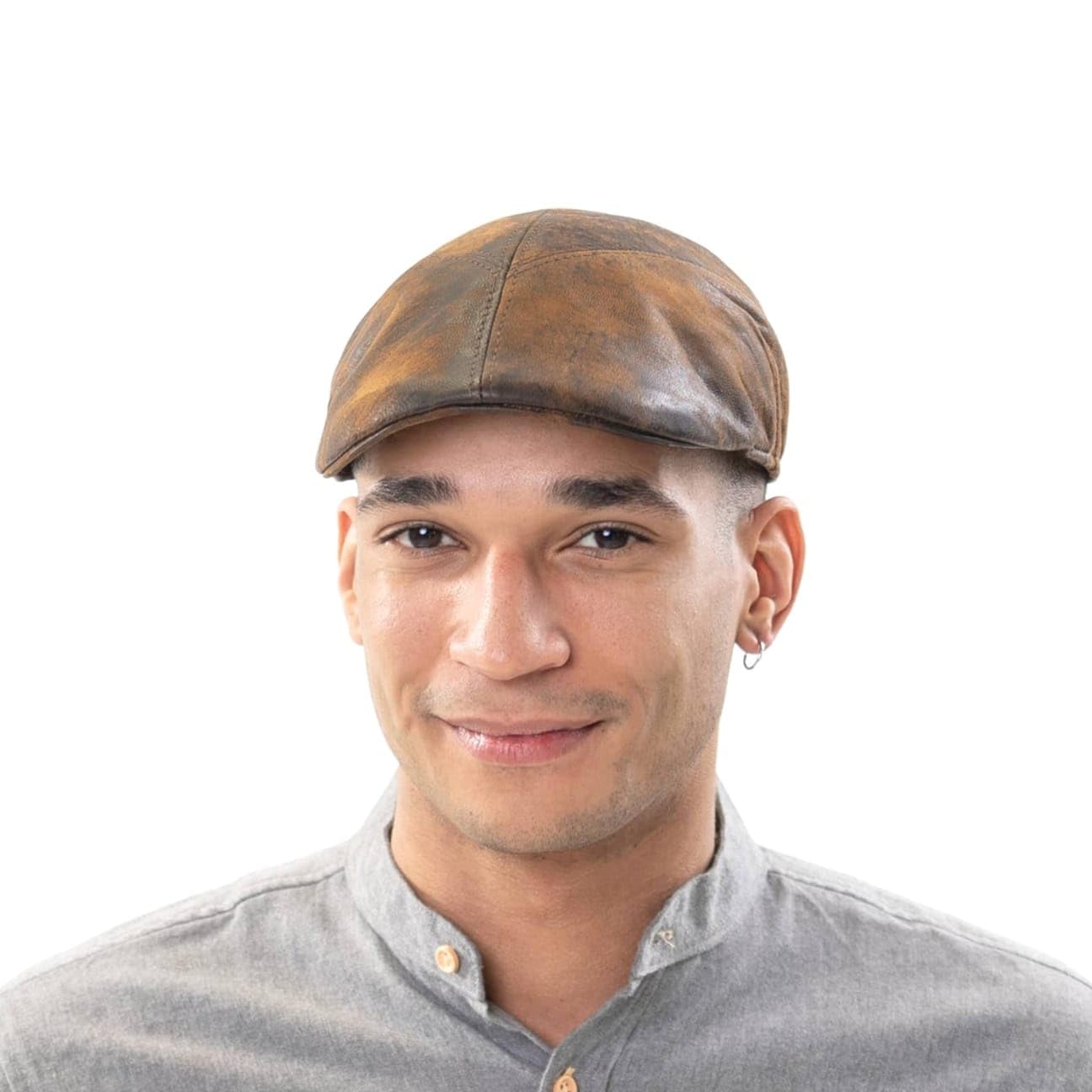LIERYS Leder Flatcap Herren Made in Italy Schirmmütze mit Baumwollfutter Ledercap Used-Look Sommer Winter