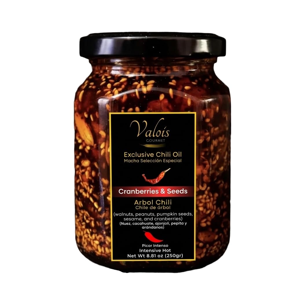 Valois Gourmet Salsa Macha Artesanal Premium – Mexican Chili Oil with Árbol Chili and Nuts & Seeds – Peanuts, Walnuts, Pumpkin Seeds & Cranberries - Intensive Hot – 8.8 oz (250 g) 2pack