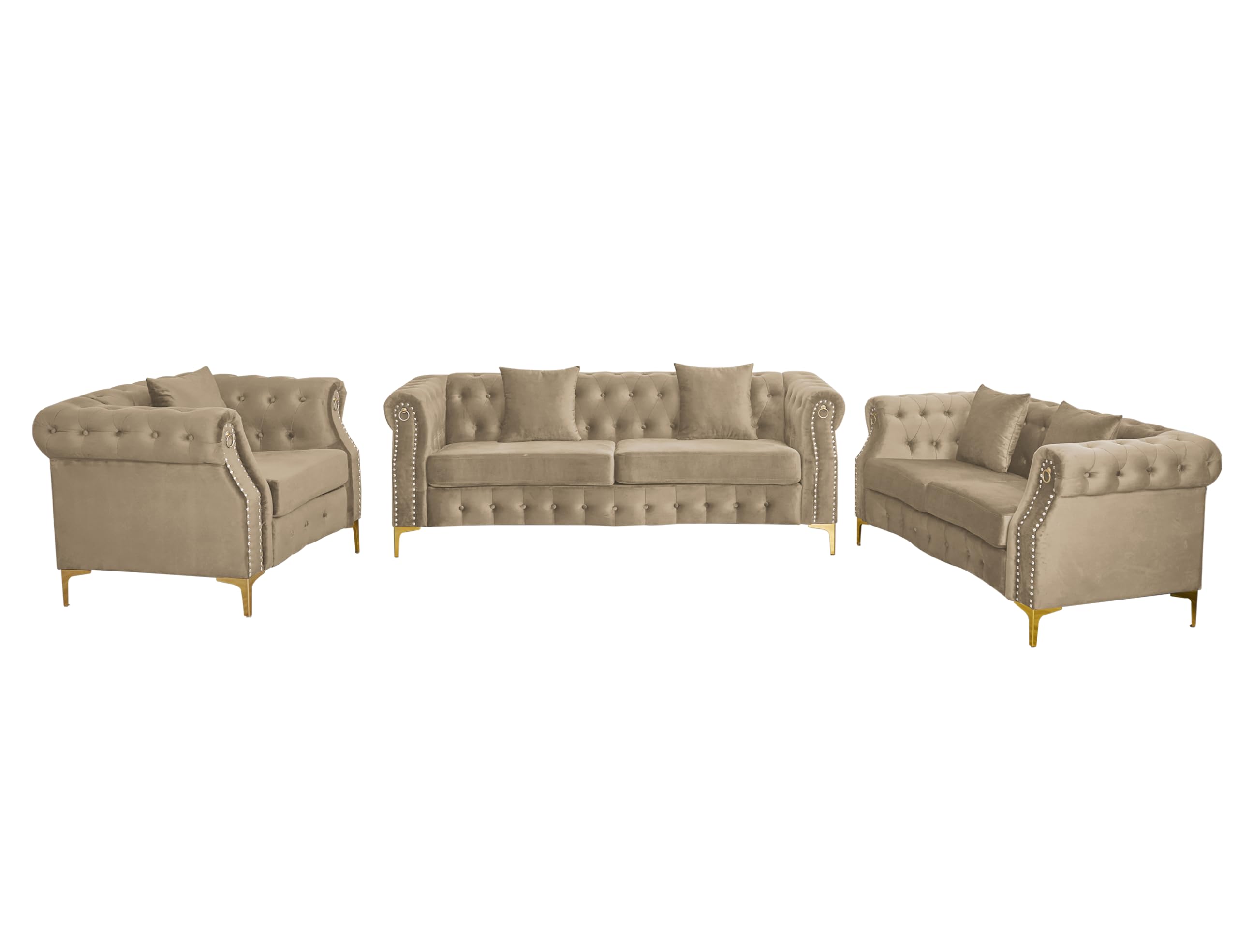 Hybition 3-Piece Living Room Sofa Set,Velvet, Tufted Design with Gold Metal Legs, Nailhead Trim (Beige)
