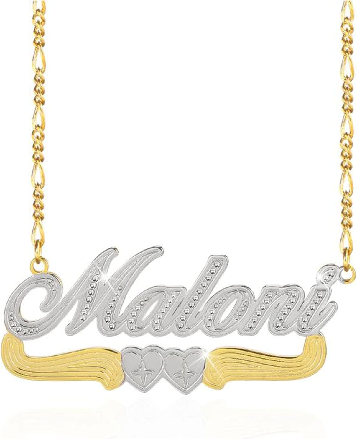 Custom Name Necklace 18K Gold Plated Personalized Name Necklace Gold&Silver Double Hearts Romantic Design Nameplate Pendant Love Heart Pendant Jewelry Gift for Women Birthday Anniversary