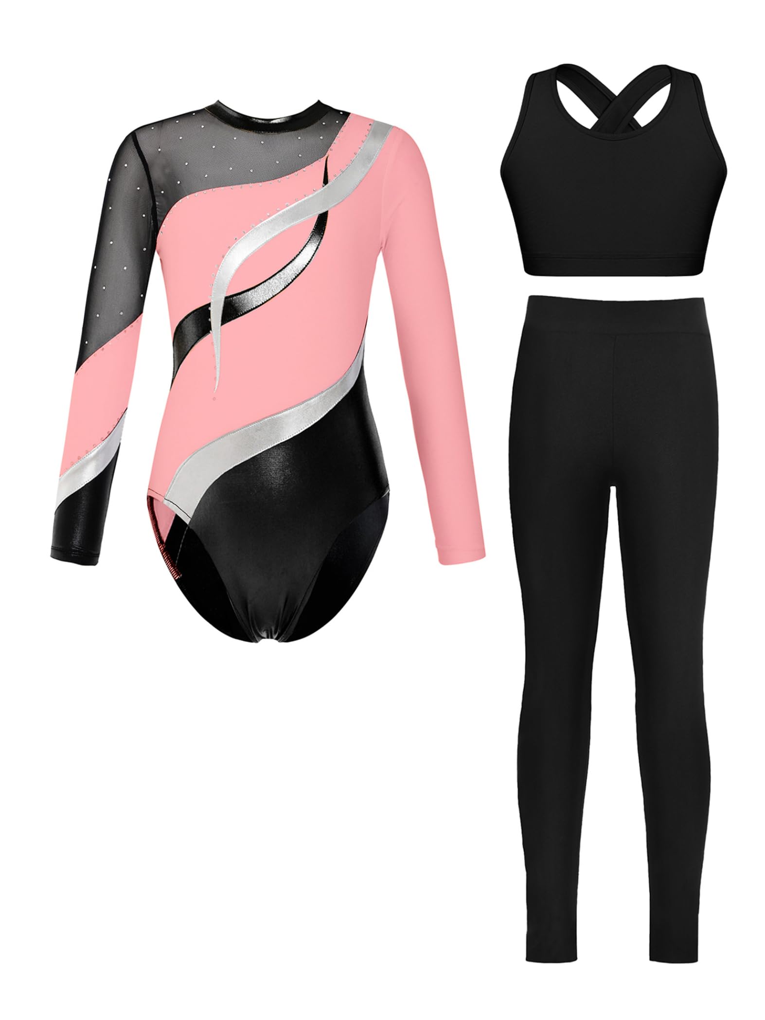 3tlg.Mädchen Turnanzug Glitzer Gymnastikanzug mit Hose Sport BH Tops Langarm Ballettanzug Tanzbody Leotard Wettbewerb Tanzkostüm
