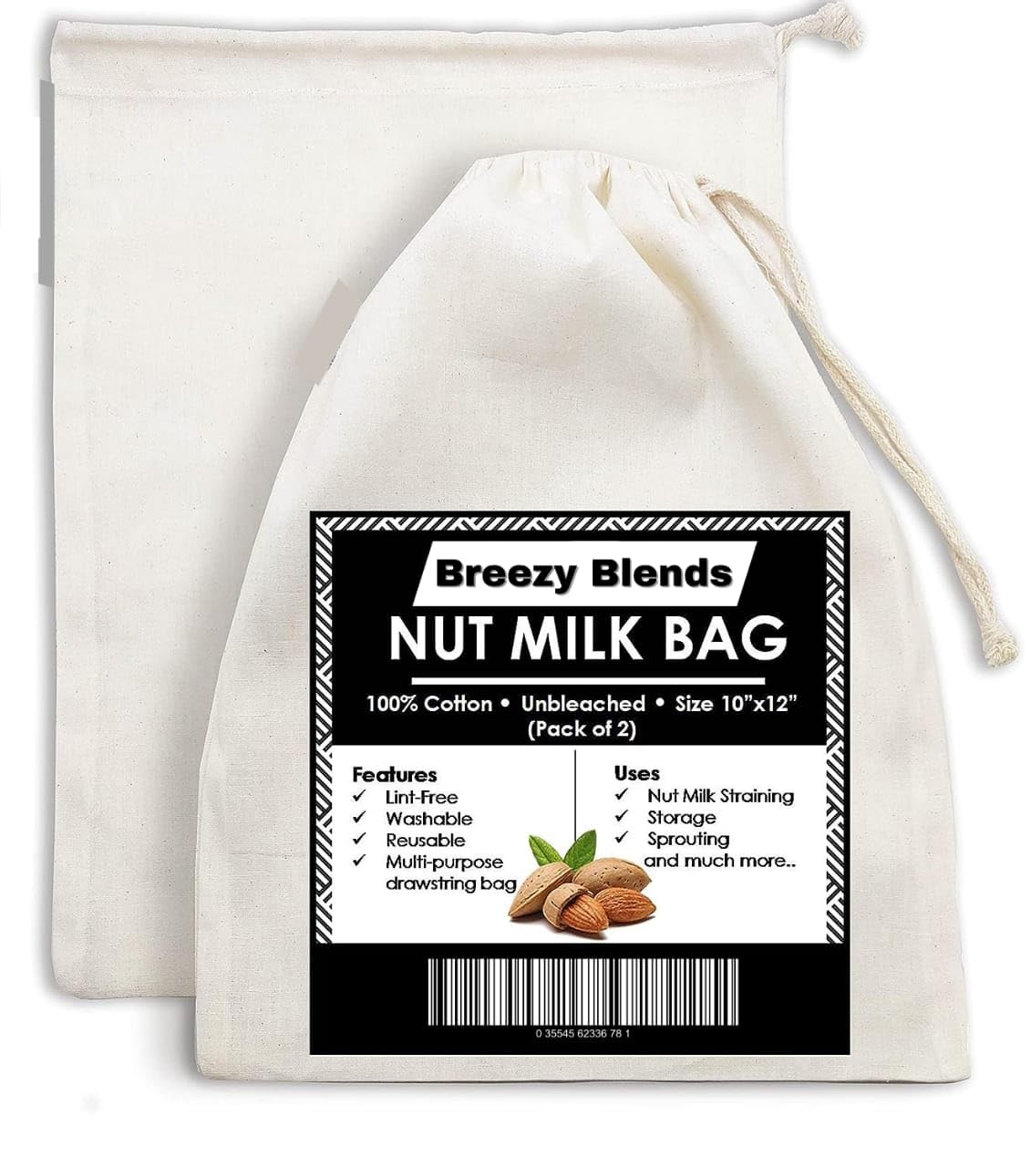 Breezy Blends Cotton Drawstring Nut Milk Bag Unbleached (10x12 inch, White) - 2 Piece (B0D1YPZSB6) Amazon Price History, Amazon Price Tracker