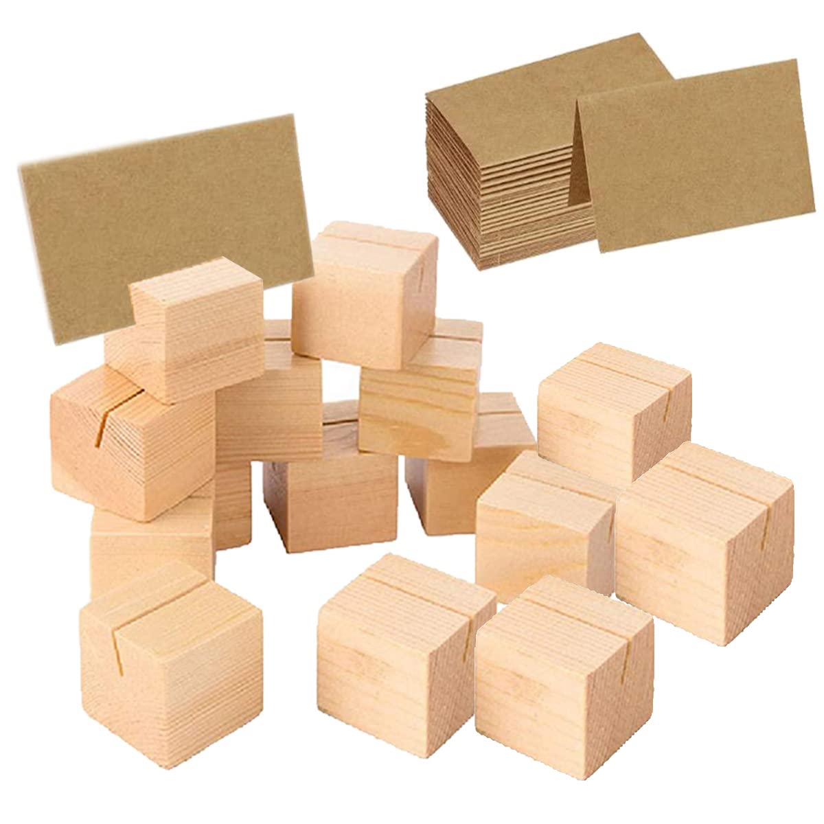 BSTMOME 20PCS Wooden Name Card Holder Table Number Stands Solid Wood Place Card Holders Memo Clips for Name Tags Pictures Reserved Signs Food Labels Postcards Menus with 20 PCS Kraft Memo Cards