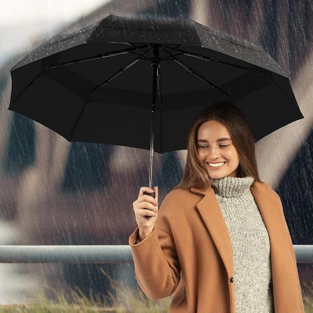 QONETIC Portable Auto Open Close Travel Umbrella for Men & Women, Windproof Folding Umbrella for Rain, Compact Waterproof Umbrella, Lightweight 3 Fold Design for Daily Travel & Office Use (Black) 2
