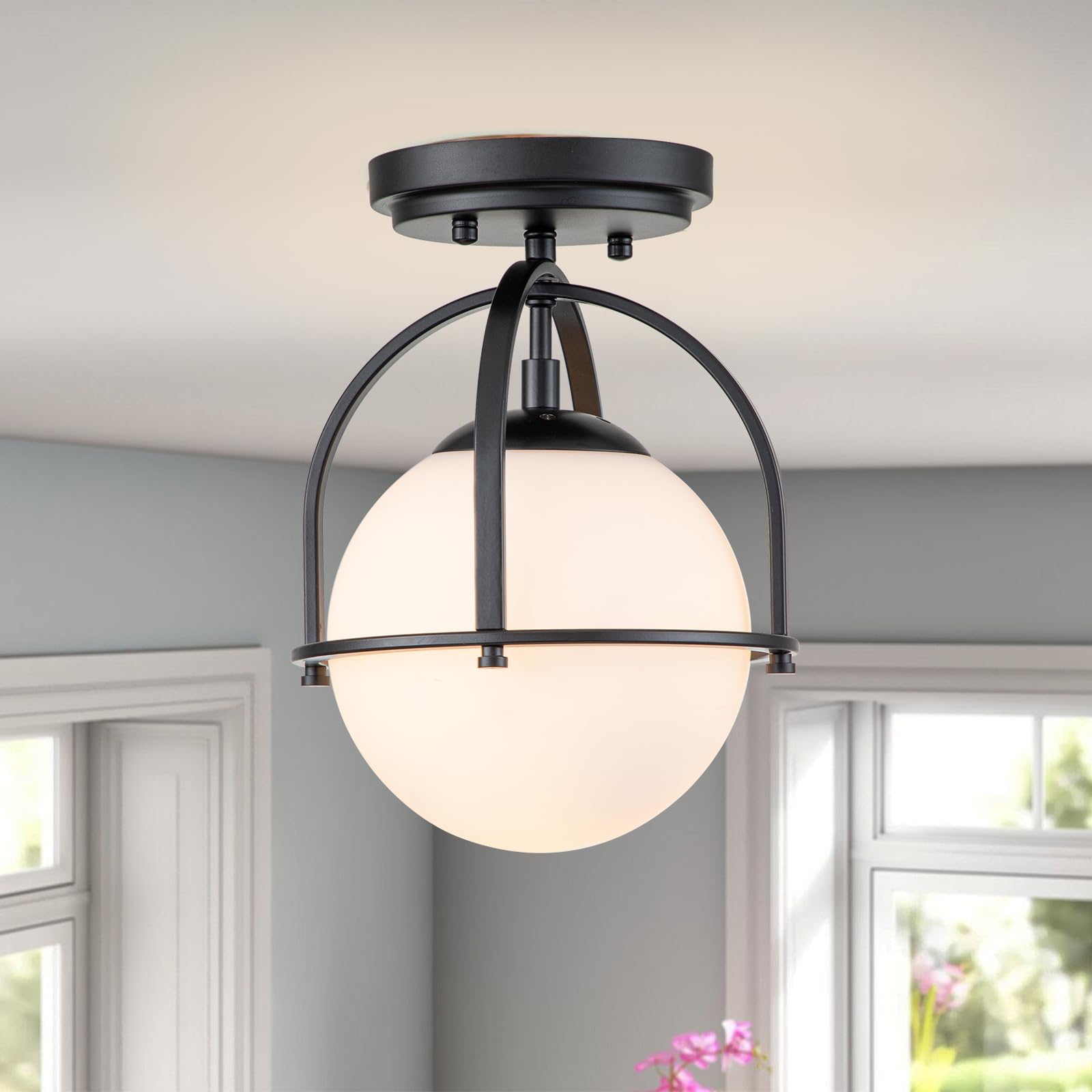 Zicbol Black Semi Flush Mount Ceiling Light Fixture 8.7" Milk Glass Golbe Light Fixture Modern Mid Century Ceiling Light for Hallway Kitchen Bedroom or Schoolhouse Light Fixture