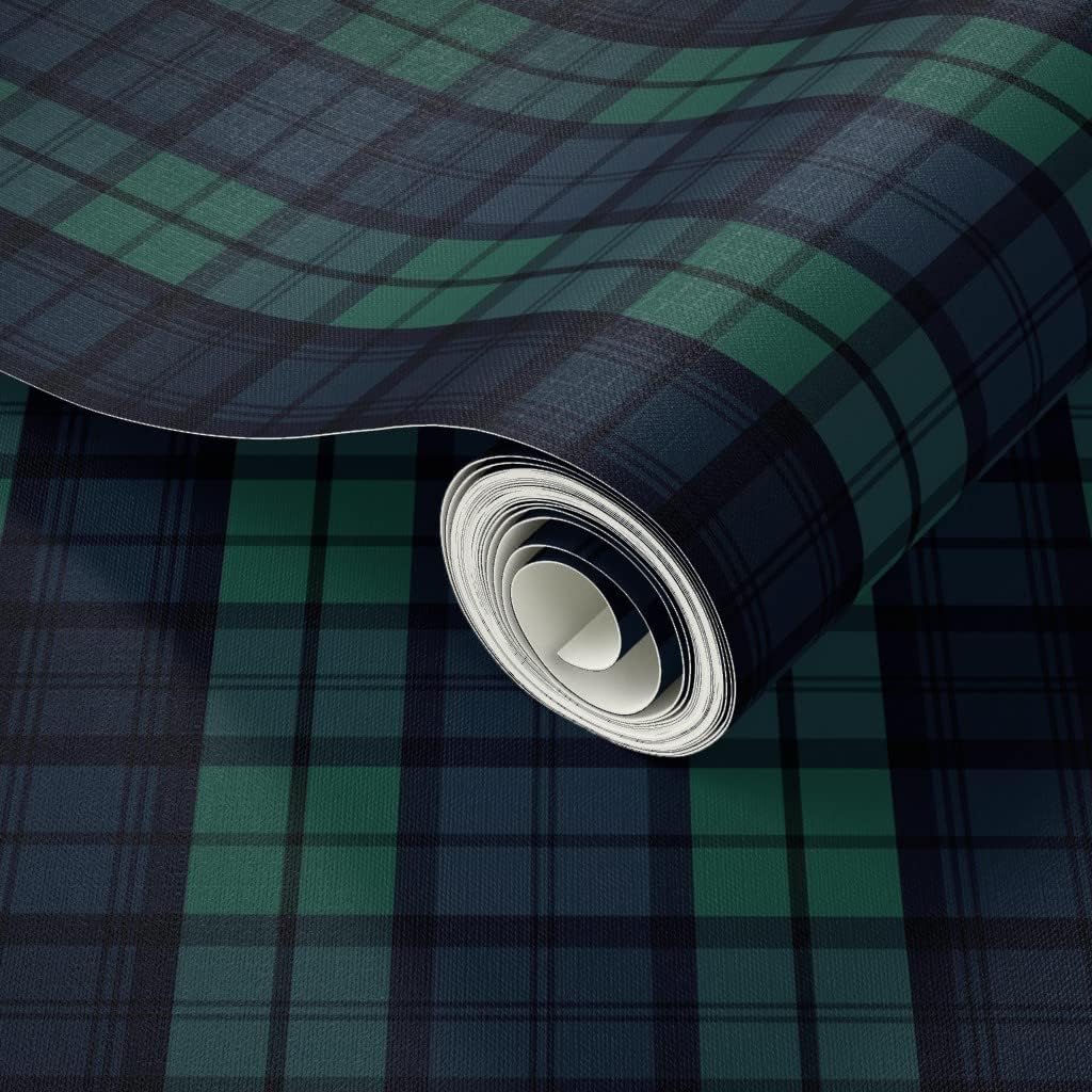 Spoonflower Peel & Stick Wallpaper 3ft x 2ft - Dark Green Plaid Navy Winter Tartan Custom Removable Wallpaper