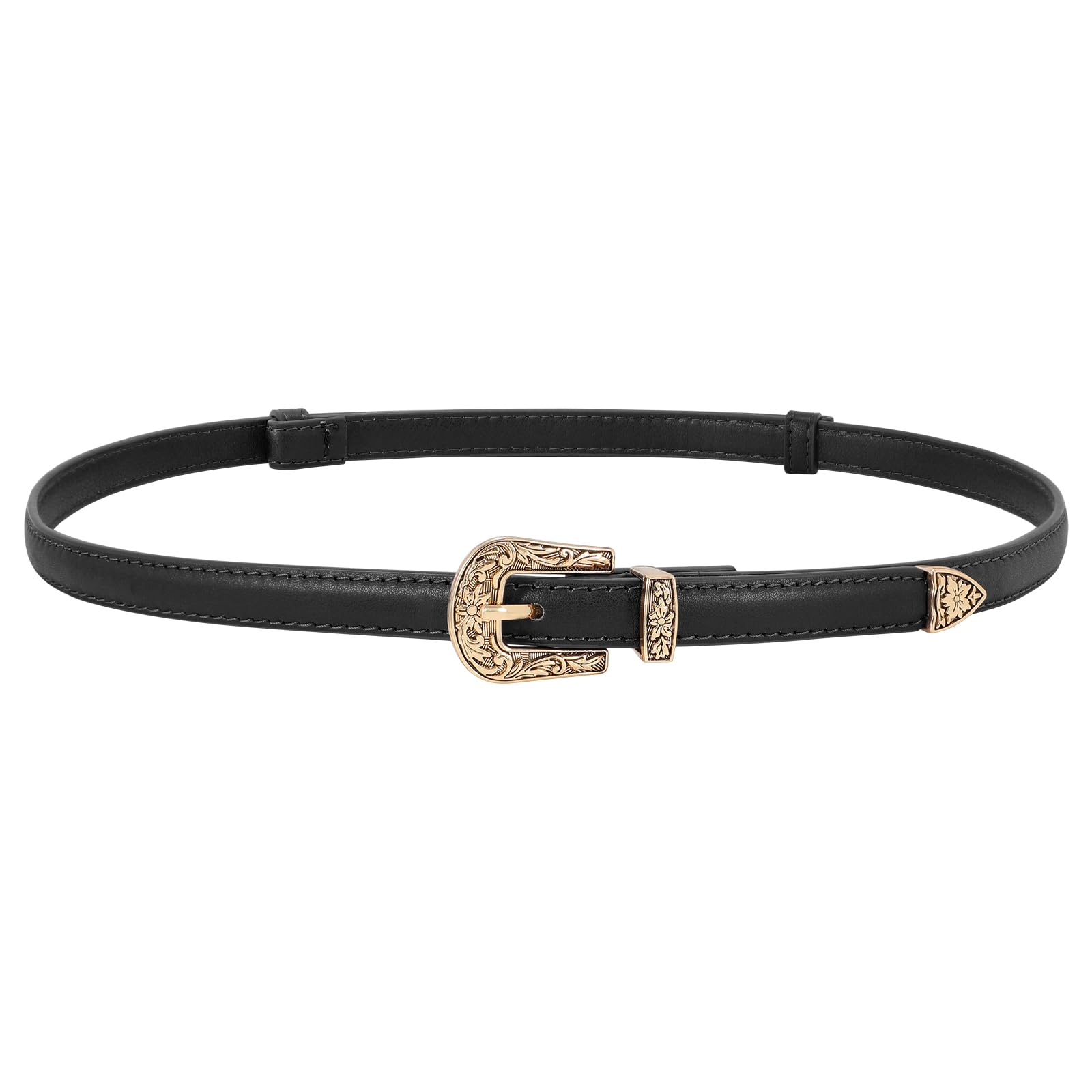 Western Skinny Leather Belts for Women Adjustable Thin Waist Belt for Dresses with Vintage Buckle