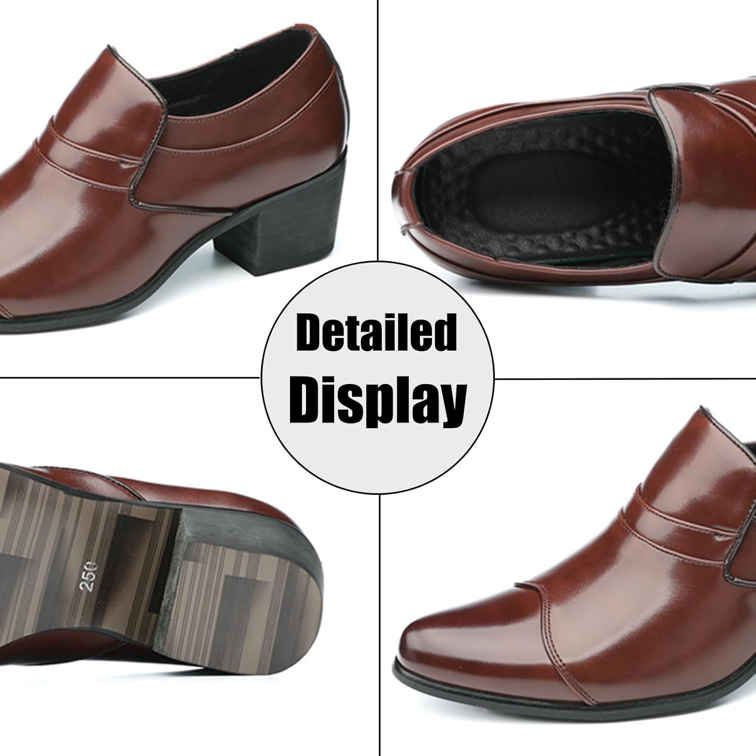 Men's Leather Chunky Heel Slip On Dress Loafers Fashion Classic Pointed Toe Low Top Block High Heel Heightening Oxford Shoes Casual Business Wedding Prom Work Formal Shoes - Image 4