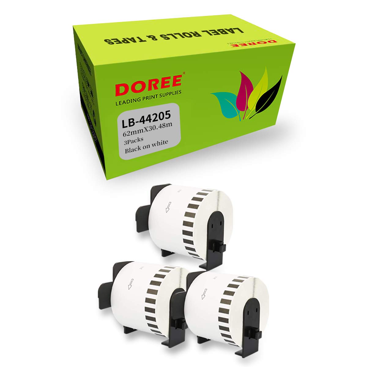 DOREE 3 Rollos DK-44205 Removible continua etiquetas, 62 mm x 30,48 m,compatible con Brother QL-500BW, QL-570, QL-580, QL-710W, QL-800, 810W, 820NWB, QL-1050, QL-1100, QL-1110NWB
