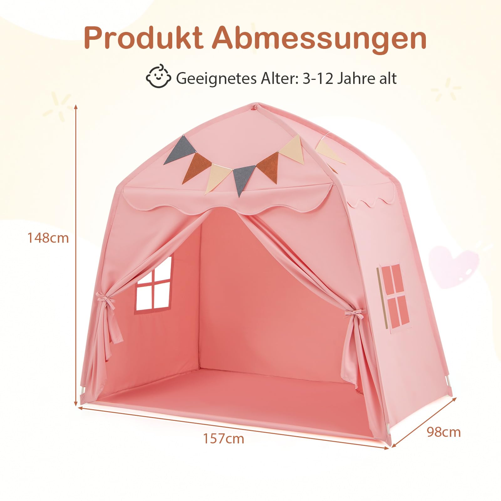 COSTWAY Spielhaus Kinder Indoor, Kinderzelt mit Flaggen & Lichterketten, Prinzessin Spielzelt, Großes Zelt Kinderzimmer für Jungen und Mädchen ab 3 Jahren, 157 x 98 x 148 cm (Rosa)