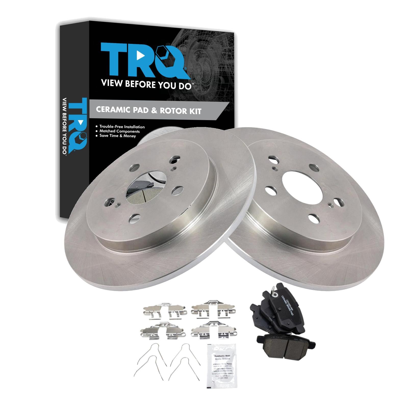 TRQ Rear Ceramic Brake Pad and Rotor Set Compatible with 09-10 Toyota Corolla | 14-18 Corolla | 10-20 Prius | 12-15 Prius Plug-In | 17-20 Prime | 19-20 Awd-E | 09-13 Matrix