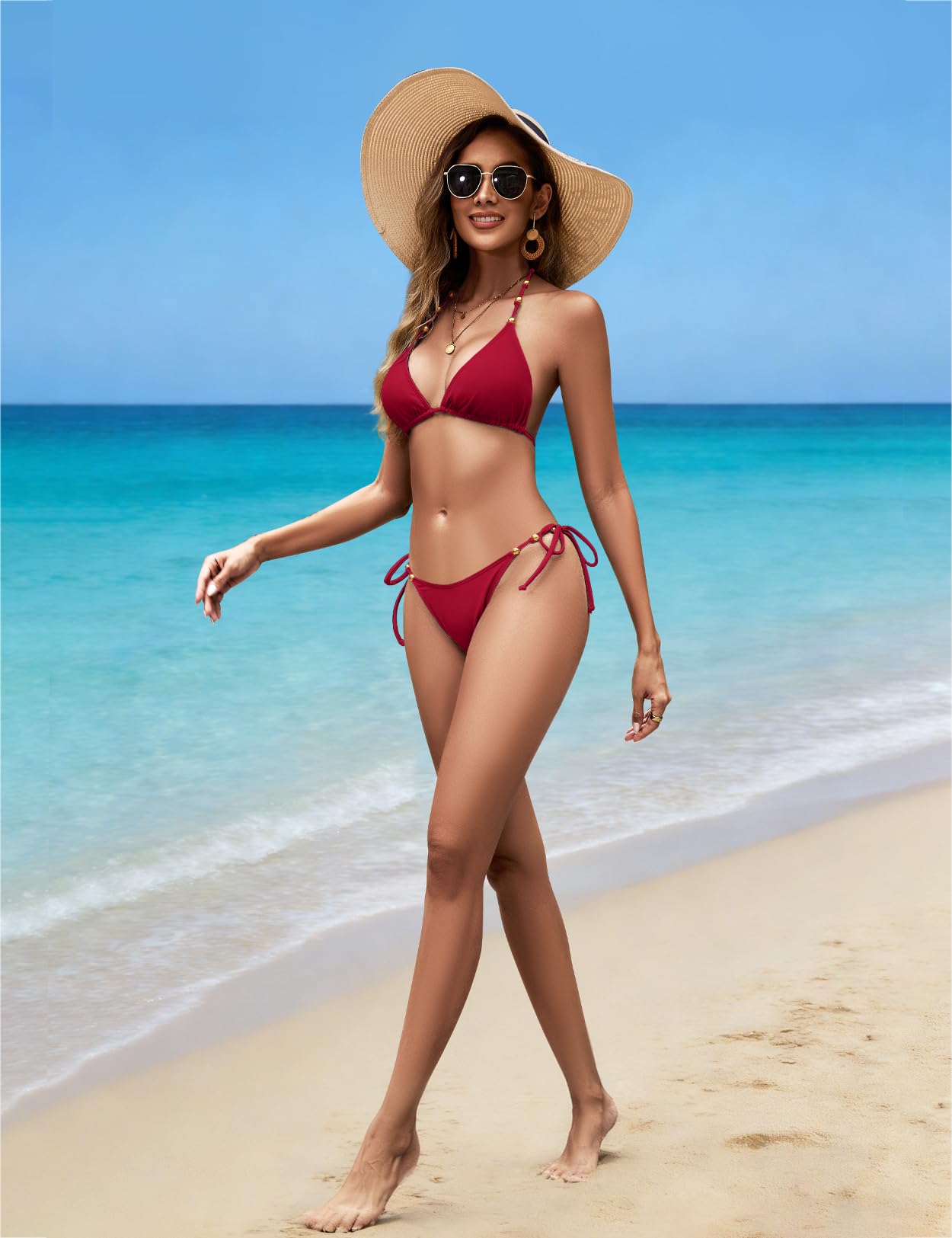 Zilcremo Bikini da donna, sexy, a vita bassa, triangolare, allacciatura al collo, con perline, perizoma e perizoma