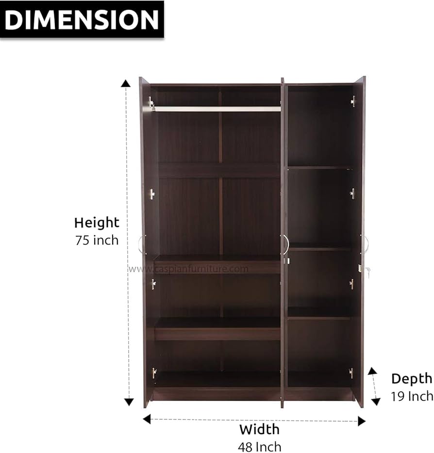 CASPIAN Furniture Walnut Colour 3 Door Wardrobe, Shelves and