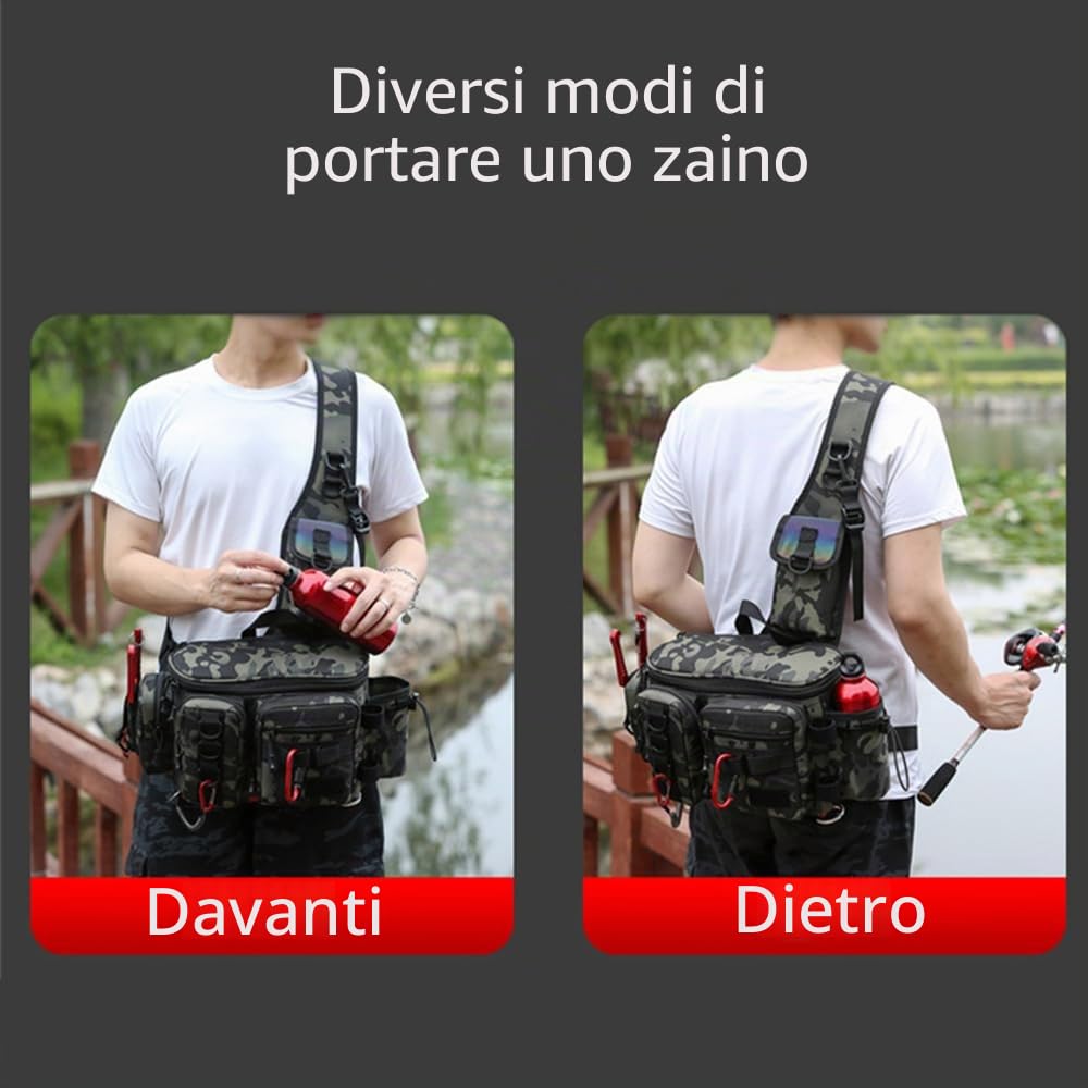 Borsa a tracolla da pesca – Zaino a tracolla con grande capacità, custodia per attrezzi da pesca con esche, verde mimetico