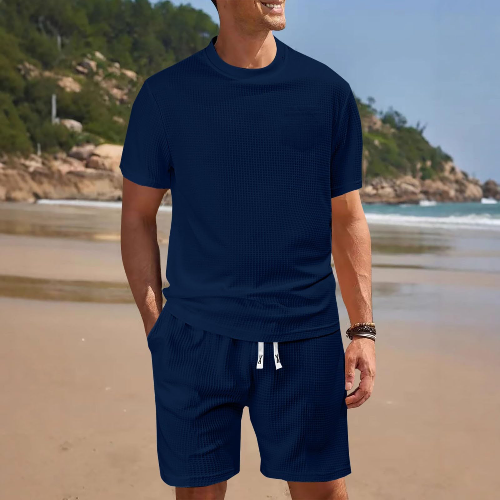 Tuta da uomo elegante e sportiva, per il tempo libero, con motivo strutturato, leggera, traspirante, morbida, confortevole, sottile, ad asciugatura rapida, per interni e tutti i giorni