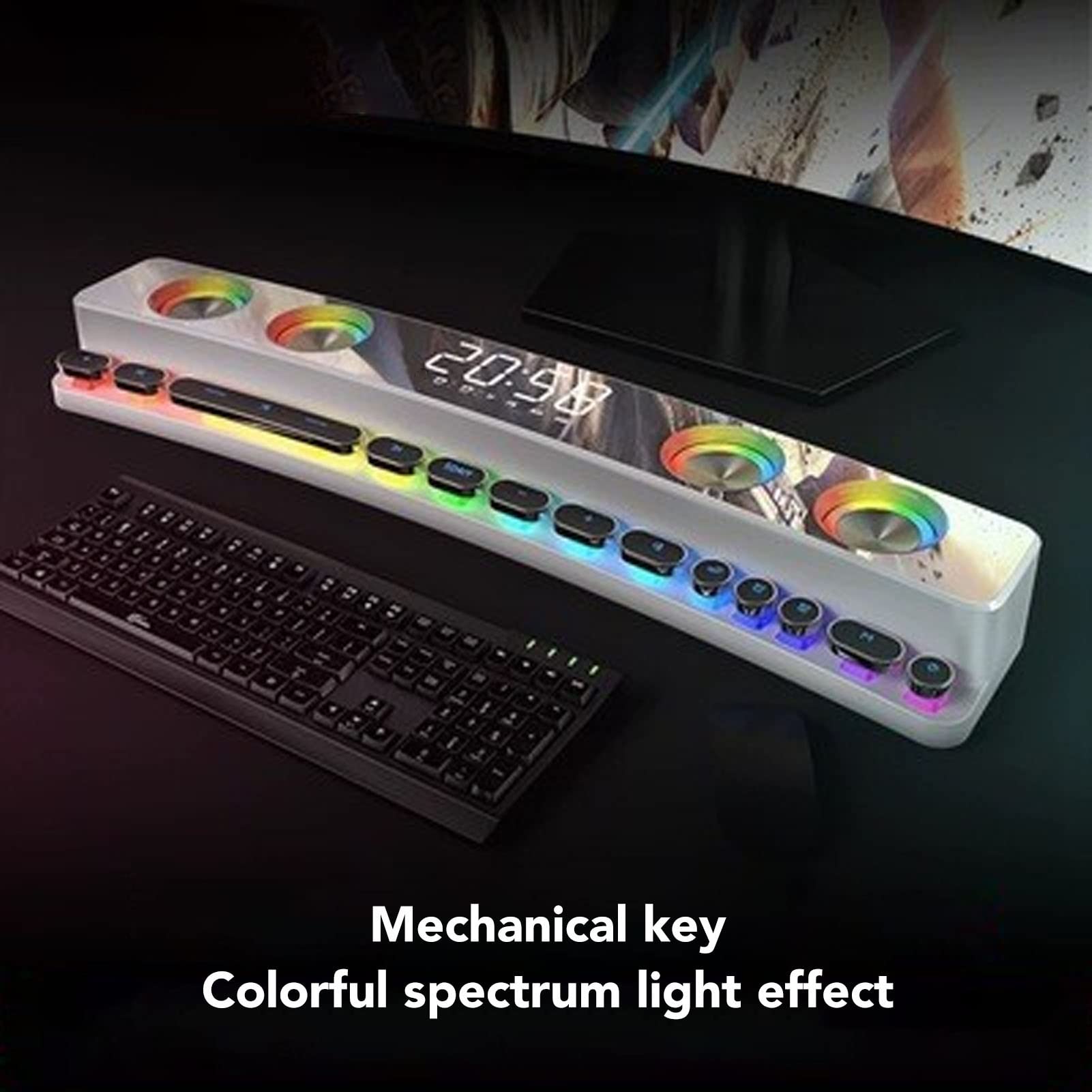 Bt Altoparlanti per Computer per Monitor Desktop, Altoparlante per Computer Subwoofer Hifi, Altoparlante da Gioco per PC RGB Dinamico con Radio FM Sveglia 13 Tasti Meccanici(Bianco)