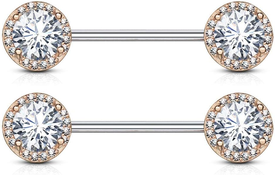 Forbidden Body Jewelry Fancy CZ Halo Frame Surgical Steel Nipple Barbells Set