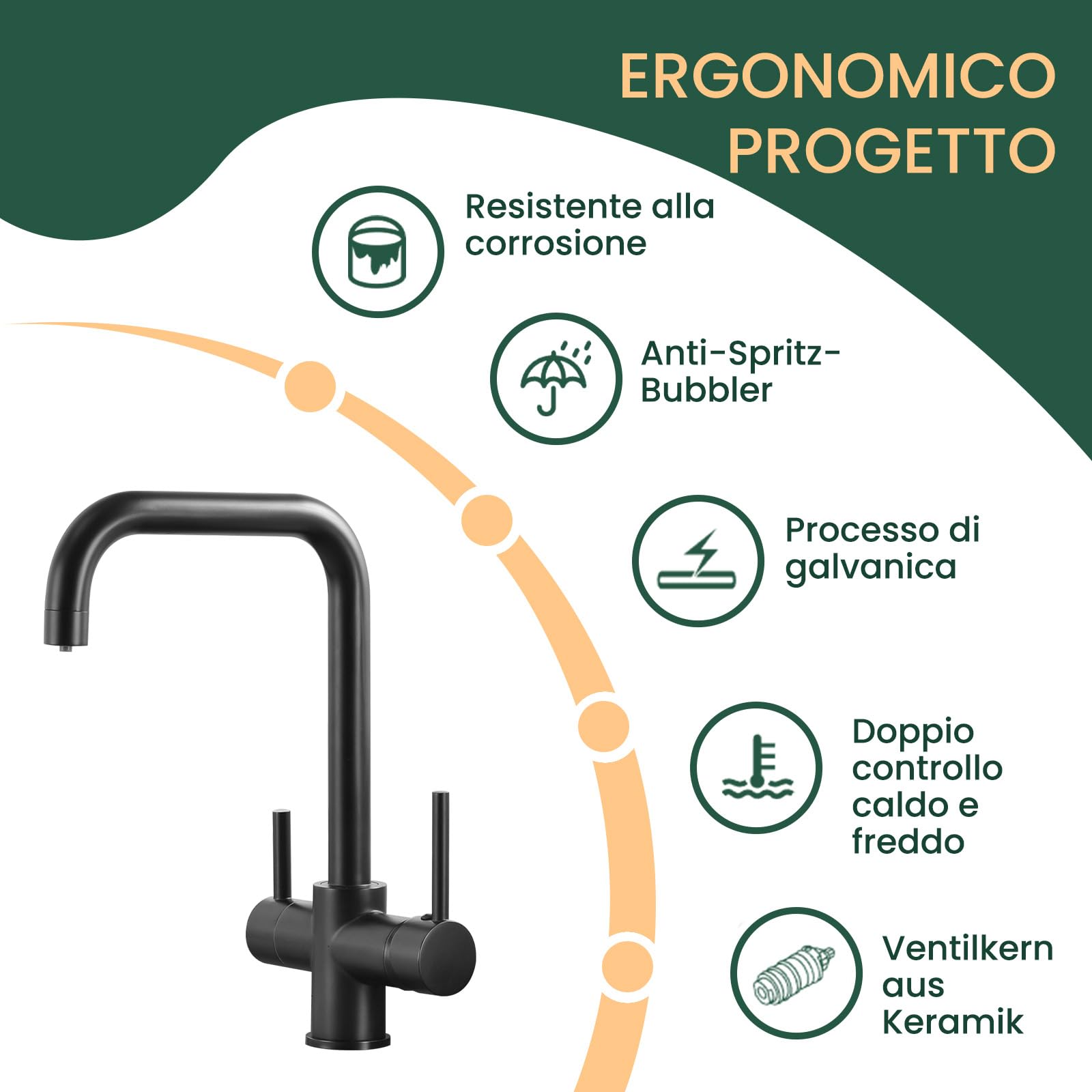 Rubinetto cucina 3 vie in ottone | Miscelatore monoforo a 2 maniglie, beccuccio girevole 360° con funzione acqua potabile 3-in-1, incl. tubi G3/8 - Nero