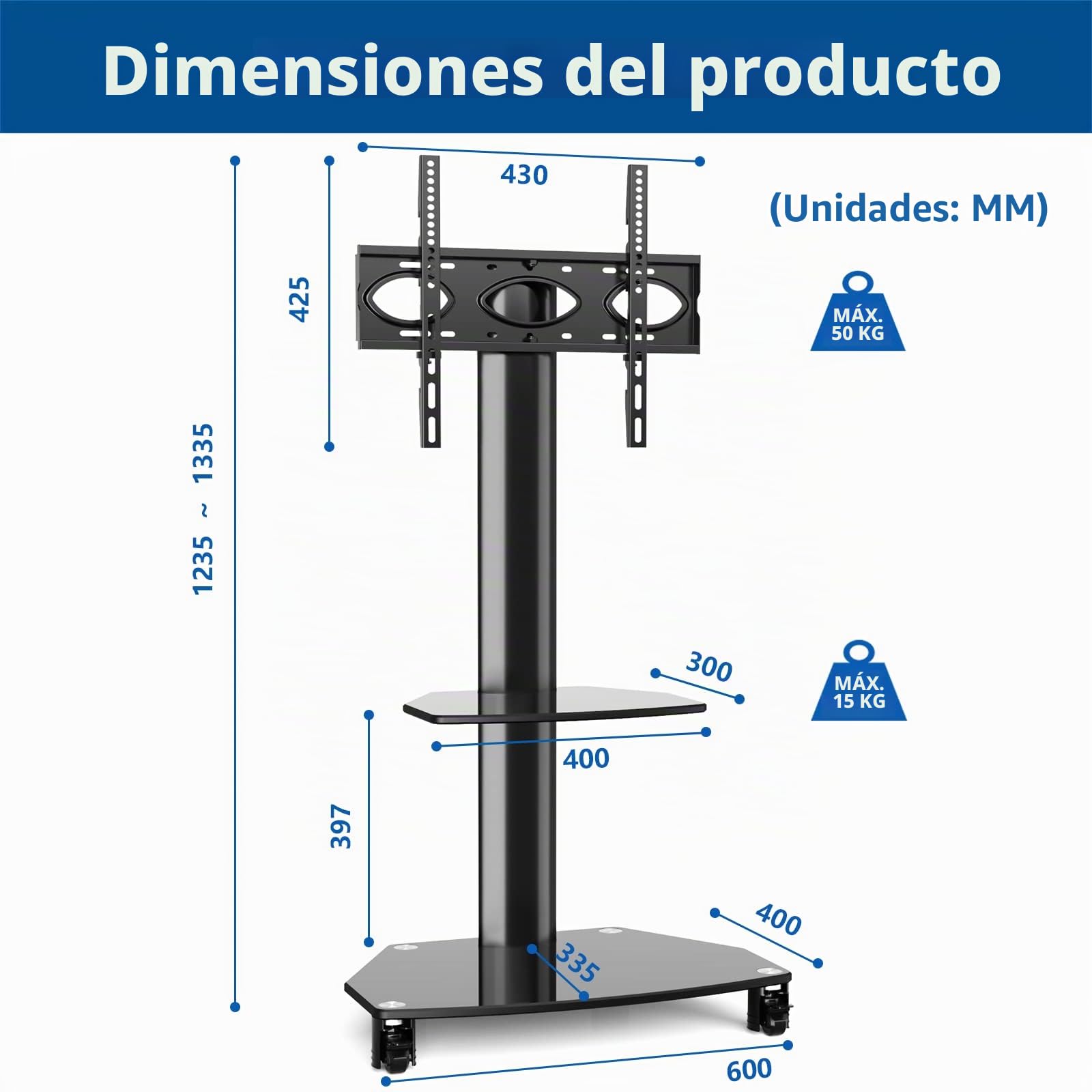 RFIVER Pie Soporte TV Ruedas de 27 a 65 Pulgadas - Altura Ajustable y +/-45° Giratorio Suelo Móvil con Estante & Gestión Cables | MAX Vesa 400x400mm 50 KG