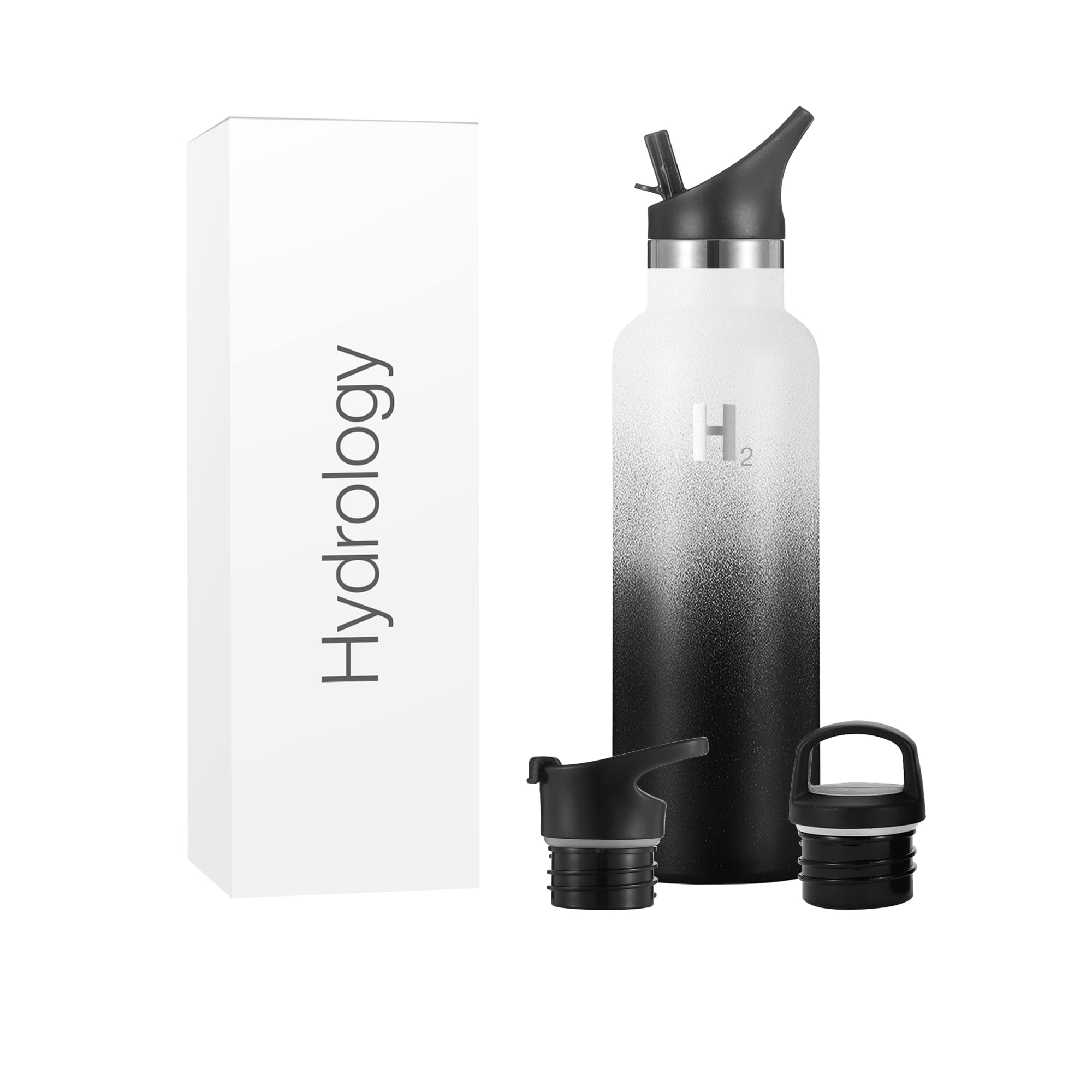 H2 Hydrology Narrow Mouth Water Bottle With 3 LIDS | Double Wall Vacuum Insulated Stainless Steel Water Bottle | Sports Water Bottle | Hot & Cold Leak Proof Sweat Free (20 oz, Night & Day)