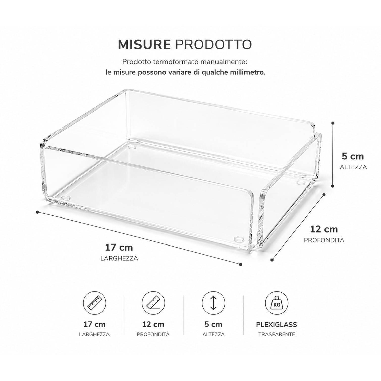Agplex Kit Cortesia Bagno in Vetro Acrilico Trasparente 17x12x5 cm, Contenitore per Saponi, Creme e Accessori, Design Moderno per Hotel, Spa e Casa, Made in Italy