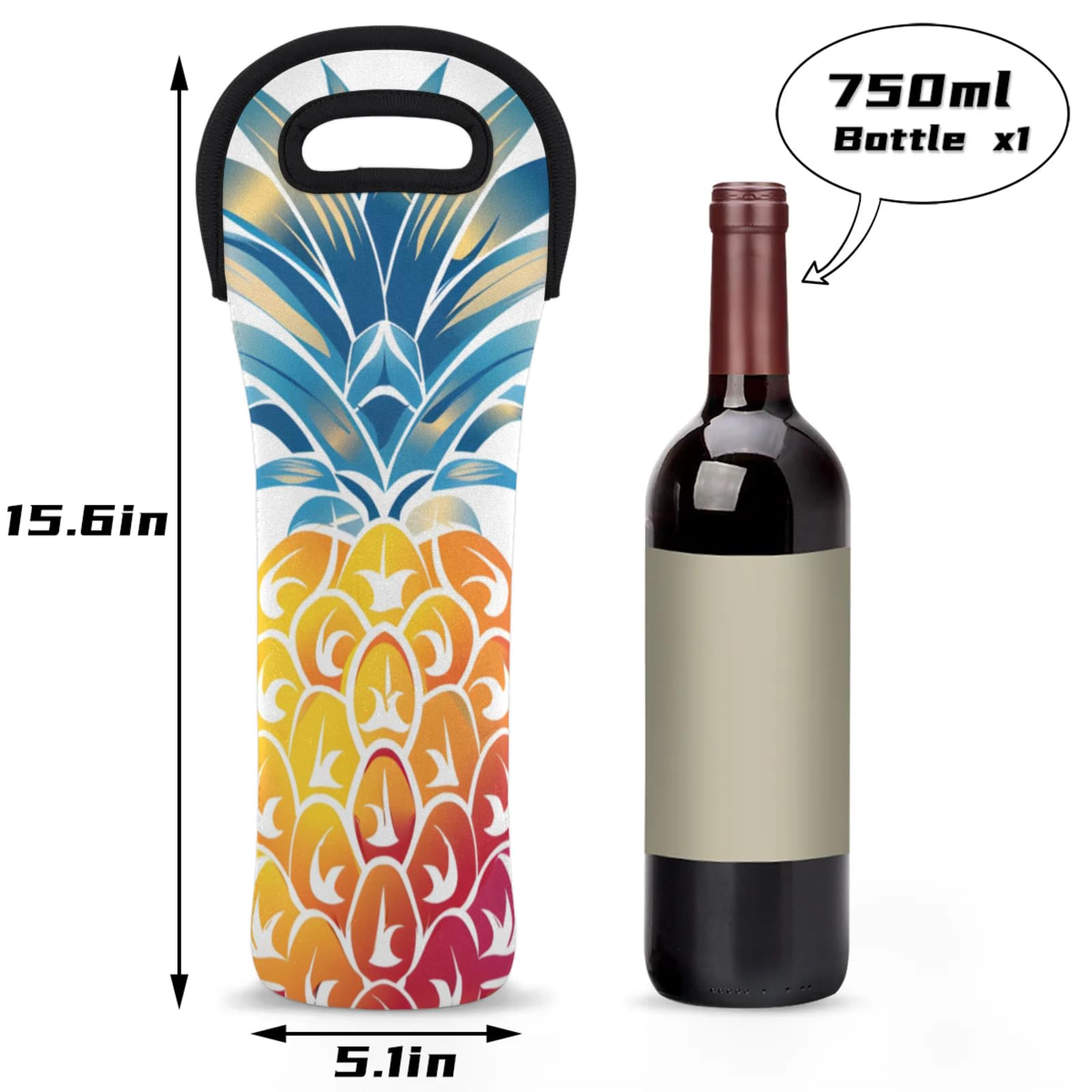 Neoprene Wine Tote Carrier Bag for Wine,Water, Champagne, Beer, Baby Bottles 15.6 x 5.1 Inches, Protective Wine Bag,Pineapple