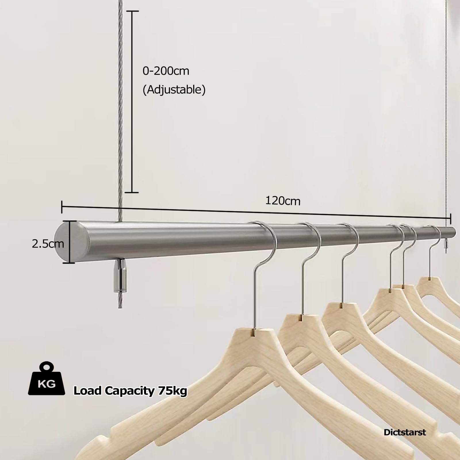 DETMOL Kleiderstange Garderobenhalter Aus Edelstahl Und Drahtseil, Tragfähigkeit 75 Kg, Höhenverstellbar Von 0–200 cm Anwendbar Auf Ankleidezimmer Schlafzimmer Flur(120cm, Silber) Küche, Haushalt & Wohnen