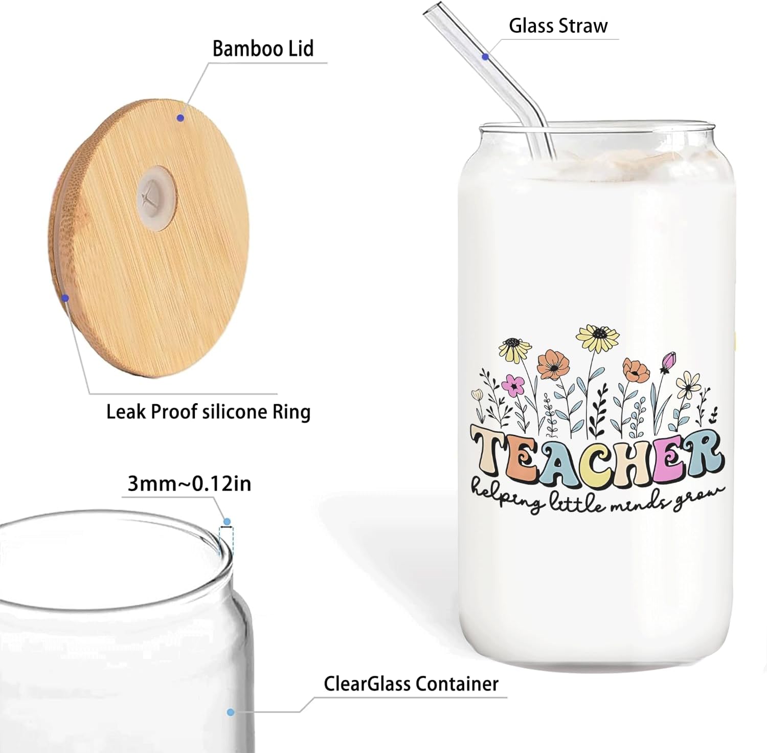 Floral Teacher Glass Cup Lids and Straws 14oz, Kindergarten Teacher Gifts for Women, Teachers Appreciation Gifts Glass Iced Coffee Tumbler Drinking Jars with Cleaning Brush - Image 6