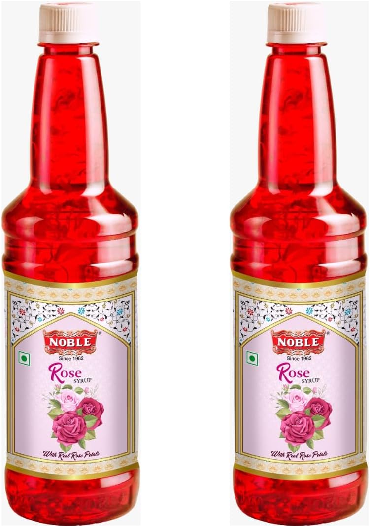 Noble Rose Syrup Gulub Sharbat Natural Rose Petals and Extracts For Cocktails, Mocktails, Milkshakes, Slushes, Dessert Toppings And More, Non Alcoholic Mix - 750 ml, (Pack of 2)