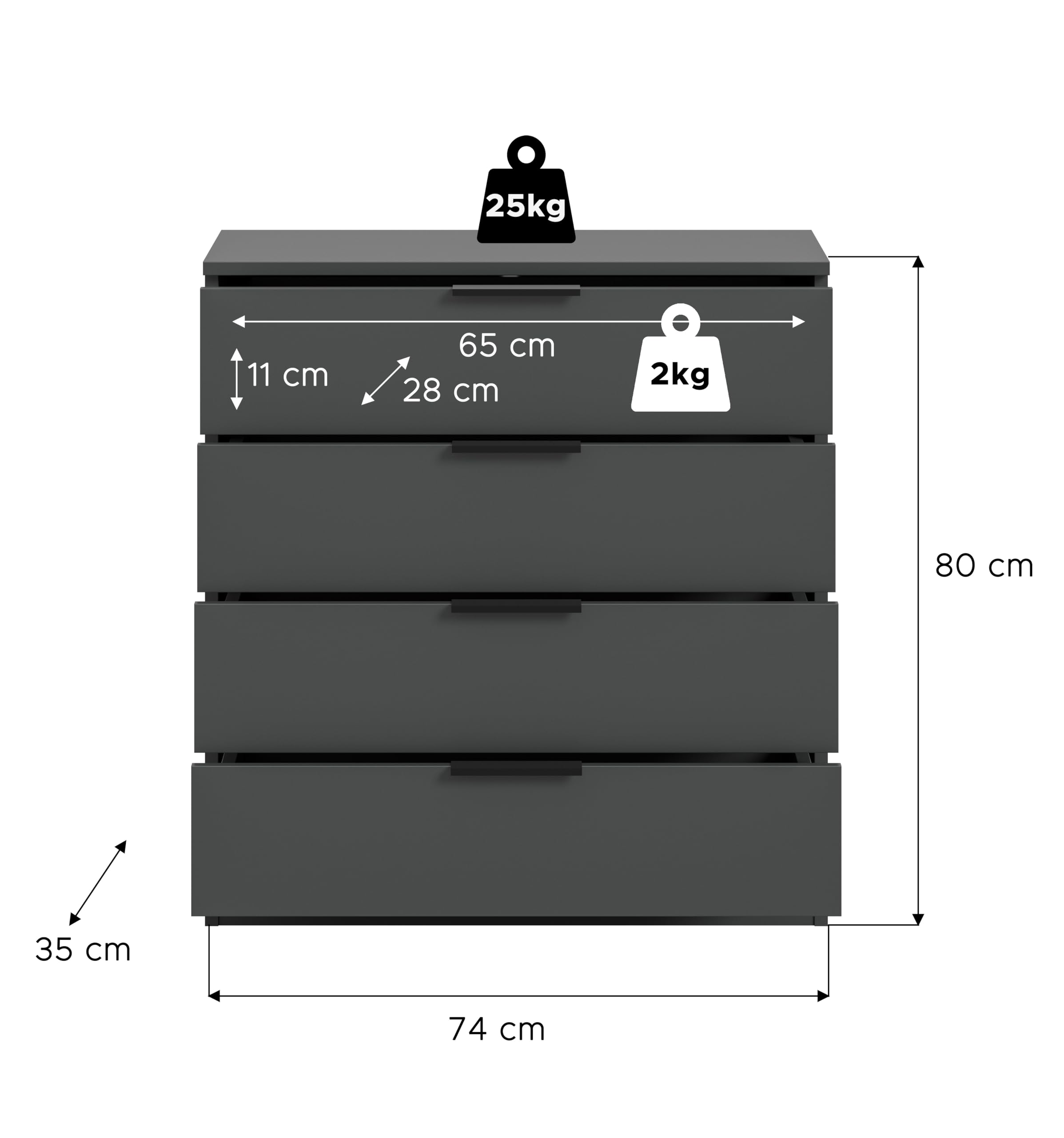 xonox.home – Kommode Kopenhagen 74x80x35 cm in Anthrazit – Kompakte Moderne Kommode mit Stauraum für den Einsatz im Wohnzimmer oder Schlafzimmer – vielseitige & praktische Ordnungshilfe