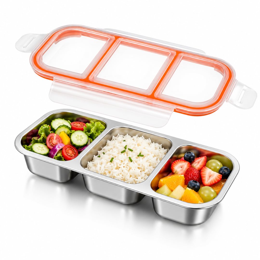 Steel Lunch Box for Kids, 3 Compartments, 700 ml Airtight Lid | Secure Seal Helps Reduce Spills, Keeps Snacks Fresh, Steel Build, Compact Meal Size, Easy Cleaning (Pack of 1)-image-3
