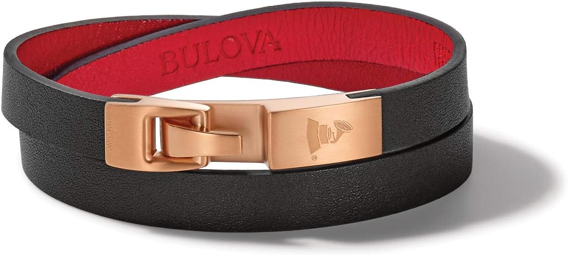 Men's Latin GRAMMY Double Wrap Black Leather Bracelet with Red Lining and Rose Gold Tone Clasp