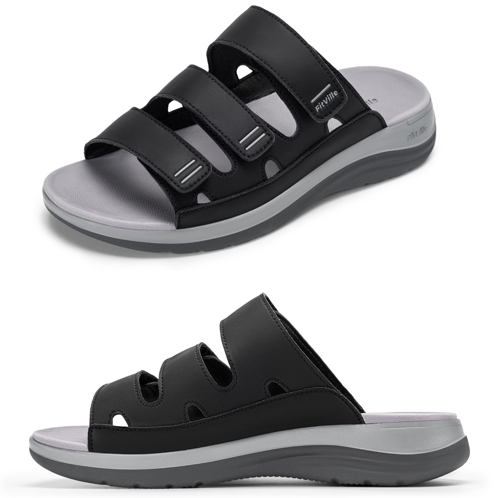 FitVille Weite Pantoletten Damen Sommerschuhe mit Klettverschluss Leichte Senioren Hausschuhe Offene Mules Slipper Bequem Weich Outdoor Strand Badelatschen Zuhause Reise Freizeit für Breite Füße